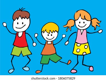 Three happy kids, humorous vector illustration	