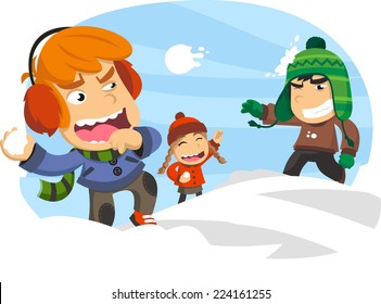 Three Happy Kids In A Snowball Fight, During A Winter Snowy Snow Day. Vector Illustration Cartoon.