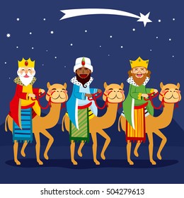 Three happy kings riding camel following shooting star