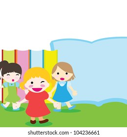 three happy little children with books background