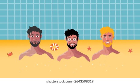 Three happy men floating near pool wall enjoying summer time