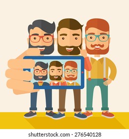 A three happy men taking a selfie using smartphone. A Contemporary style with pastel palette, soft beige tinted background. Vector flat design illustration. Square layout.