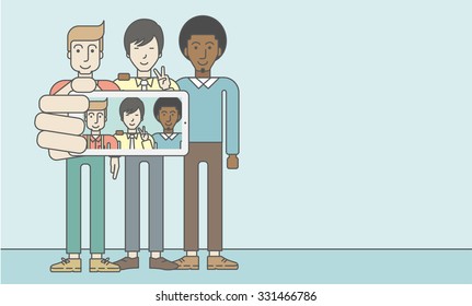 Three happy men taking selfie photo using smartphone on blue background. Vector line design illustration. Horizontal layout with a text space for a social media post.