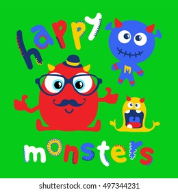 Three happy monsters having fun. Colorful children illustration. Vector design.