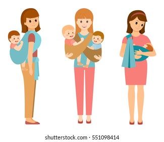 Three happy mothers with children in slings..Mother with slipping baby.Mother with twins. Mother with baby on her back in a sling scarf.Isolated on white background. Vector illustration.
