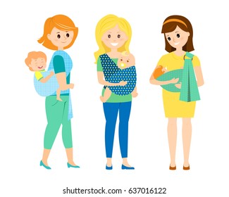 Three happy mothers with children in slings..Mother with slipping baby.Mother with twins. Mother with baby on her back in a sling scarf.Isolated on white background. Vector illustration.