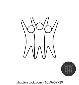 Three happy motivated people line style logo. Group of people. Teamwork achievments theme. Friends together.
