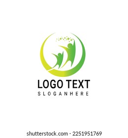 Three happy motivated people in a round colorful logo