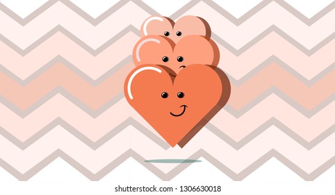 Three happy orange hearts on an abstract linear background. Couple in love concept. Vector illustration