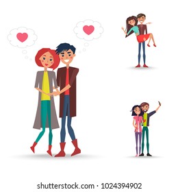 Three happy pair of girl and boy with pink hearts in wavy clouds, red flower and camera on phone for making selfie vector illustration.