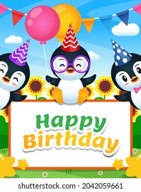 Three Happy Penguin With Happy Birthday Banner