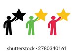Three happy people holding different colored star icons