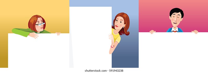 Three happy person looking for the poster. Vector, illustration, color