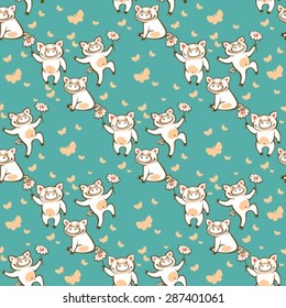 Three happy pigs on a blue background. Seamless pattern.