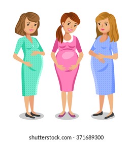 Three happy pregnant women. Maternity and friends concept. Vector illustration