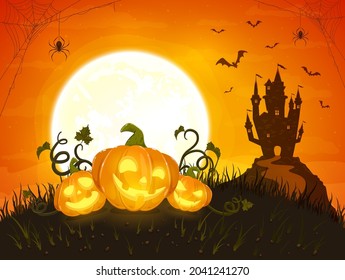 Three happy pumpkins on orange background with Moon and dark scary castle. Holiday card with Jack O Lanterns, bats and spiders. Illustration in cartoon style can be used for holiday cards, banners
