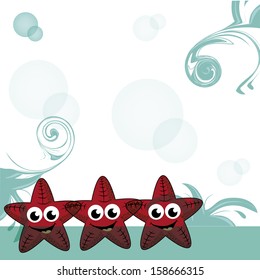 three happy red starfishes with big eyes having fun in the sea