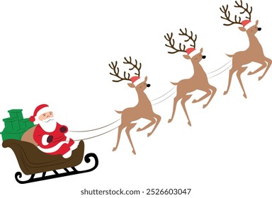 Three happy reindeer pulling Santa and presents