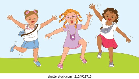 Three happy running and jumping girl different races