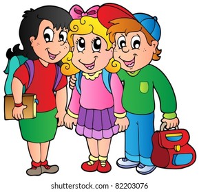 Tres escolares felices - ilustración vectorial.