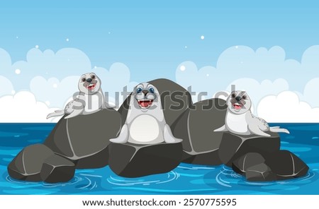 Three happy seals lounging on ocean rocks