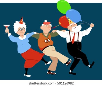 Three happy seniors in holidays hats and with balloons dancing sirtaki or Zorba dance, EPS 8 vector illustration, no transparencies 