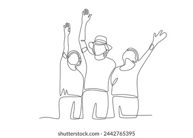 Tres personas mayores felices levantando la mano.Seniors Community one-line drawing