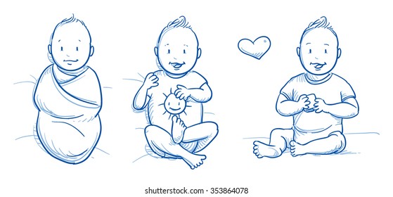 Three happy smiling babies in different ages 0-1 year. In sleeping bag, lying and sitting. Hand drawn cartoon vector illustration.