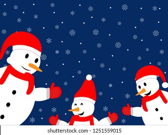 Three happy snowman on a dark blue background with snowflakes