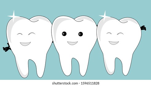 Three happy teeth hugging isolated on blue background.