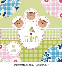 Three happy triplets. Baby arrival announcement card. Triplets baby girls and boys shower card, cute newborn. Teddy bears, kid style greeting card vector background. OMG its triplets text, Kids frames