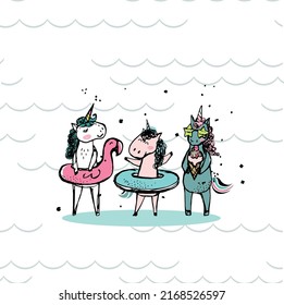 Three happy unicorns, ready to swim.