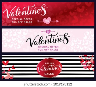 Three Happy Valentine's Day Sales banner. Vector background, handmade lettering, hearts.