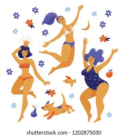Three happy women dancing in bikini, swimming suits, flat vector illustration isolated on white background. Body positive, girl power banner, poster design - three various happy dancing women, girls