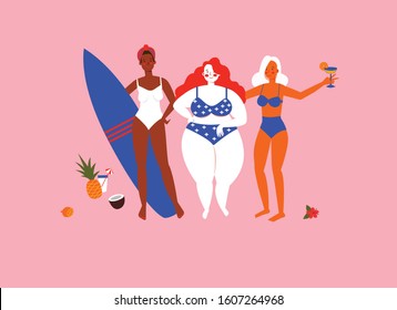 Three happy women with different skin colors and body types are in swimsuits and are holding a cocktail and surfing. Flat cartoon vector