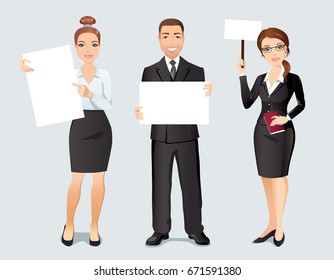 Three happy young employees holding three posters with space for your text or product.  Flat design, vector illustration.