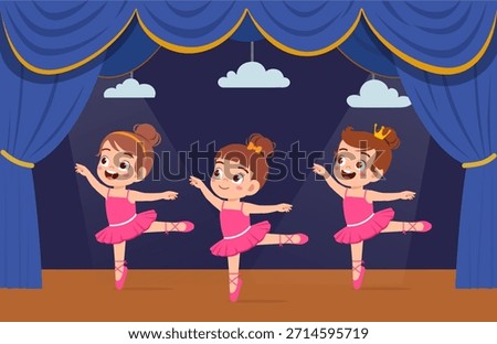 Three Happy Young Girls Performing Ballet on Stage Smiling Joyfully in Pink Outfits Illustration