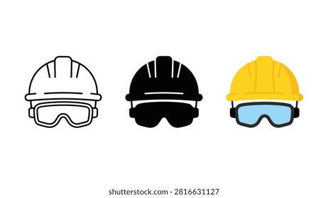 Three hard hats in white outline black solid and yellow with matching goggles icons