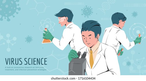 Three hardworking medical scientists trying to find the vaccine and treatment for COVID-19, design in flat style
