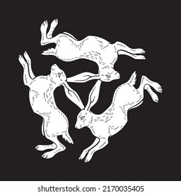 Three hares with three ears medieval magic symbol of fertility isolated. Sticker, print or tattoo design vector illustration. Pagan totem, wiccan familiar spirit art