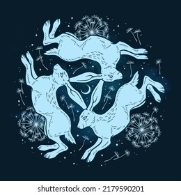 Three hares with three ears medieval magic symbol of fertility isolated. Sticker, print or tattoo design vector illustration. Pagan totem, wiccan familiar spirit art