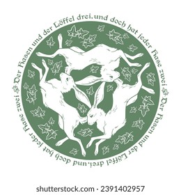 Three hares with three ears medieval magic symbol of fertility isolated. Sticker, print or tattoo design vector illustration. Pagan totem, wiccan familiar spirit art