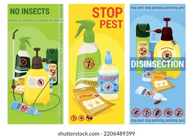Three harmful insects cartoon vertical banner set with no insects stop pest and disinsection headlines vector illustration