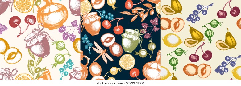 Three harvest time fresh fruits and berries seamless pattern hand drawn vector. Retro garden vintage pattern 