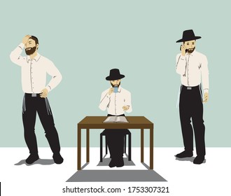 Three Hasidic Orthodox Jews. Wearing white shirts and black pants. One speaks on the phone, the other studies Torah and drinks coffee, the third sighs worried.
Vector drawing.