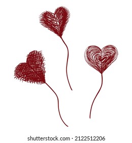 Three hatched red hearts on threads. Vector doodle of romantic balloons isolated on transparent background