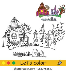 Three haunted houses with dead trees and tombstones. Coloring book. Halloween cartoon vector illustration isolated on white background. Coloring book page with an example for coloring