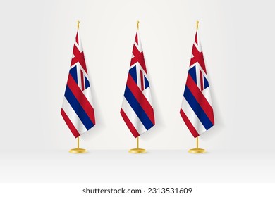 Drei Hawaii-Flaggen hintereinander auf einem goldenen Stand, Illustration von Pressekonferenzen und anderen Treffen. Vektorgrafik.