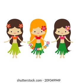 Three Hawaiian girls dancing. 