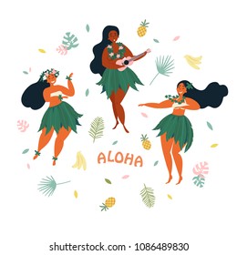 Three hawaiian girls are dancing and playing ukulele guitar. Aloha text. Greeting card. Hawaiian holidays poster with hula girl dancers with lei on the neck and in traditional costumes. Vector cartoon